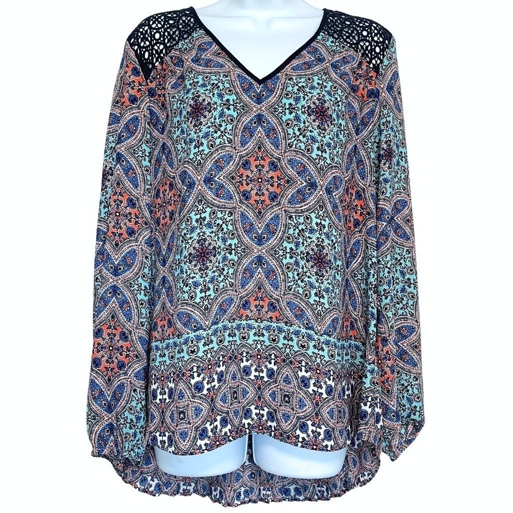 DR2 Crochet Yoke Blouse Womens L Paisley Long Sleeve Boho Pleated V Neck Tunic